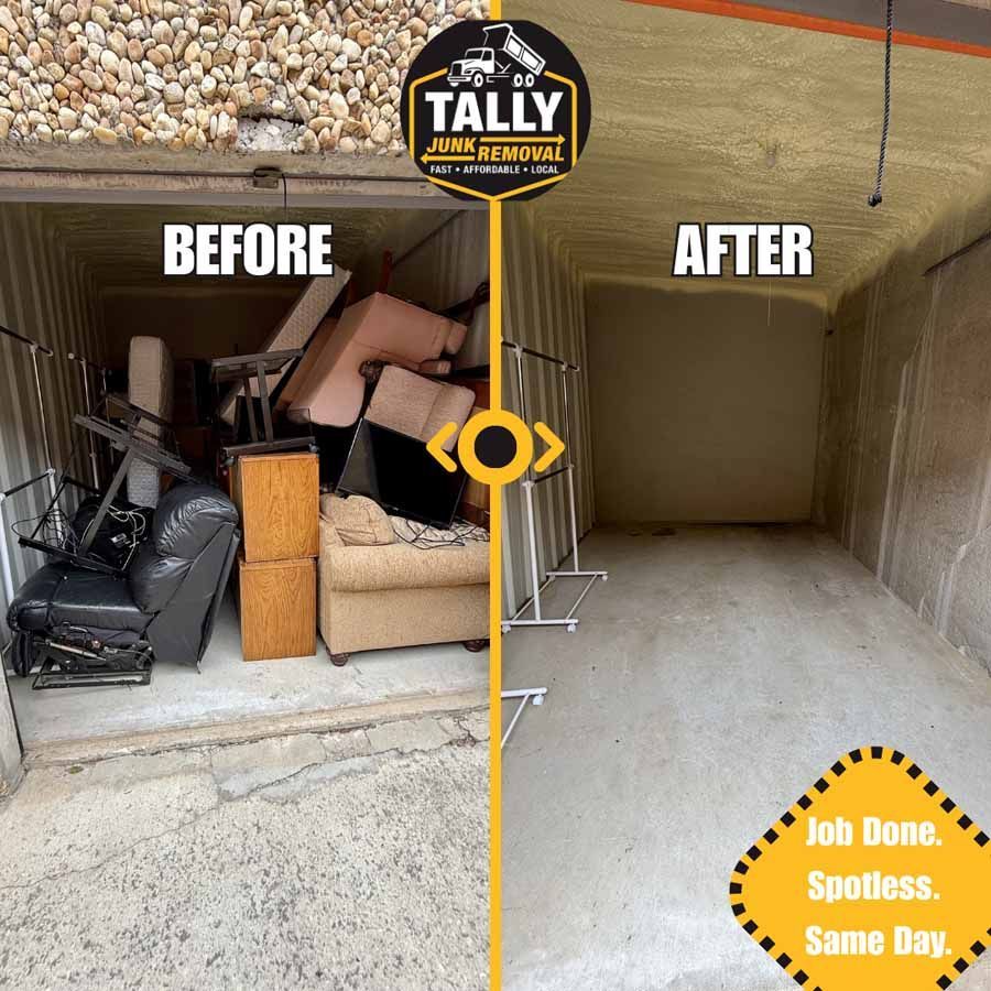 Before-and-after garage cleanout: cluttered carport left, empty swept space right.