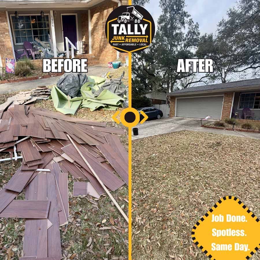 Before-and-after roof cleanup: debris removed from a house, leaving a clean yard.