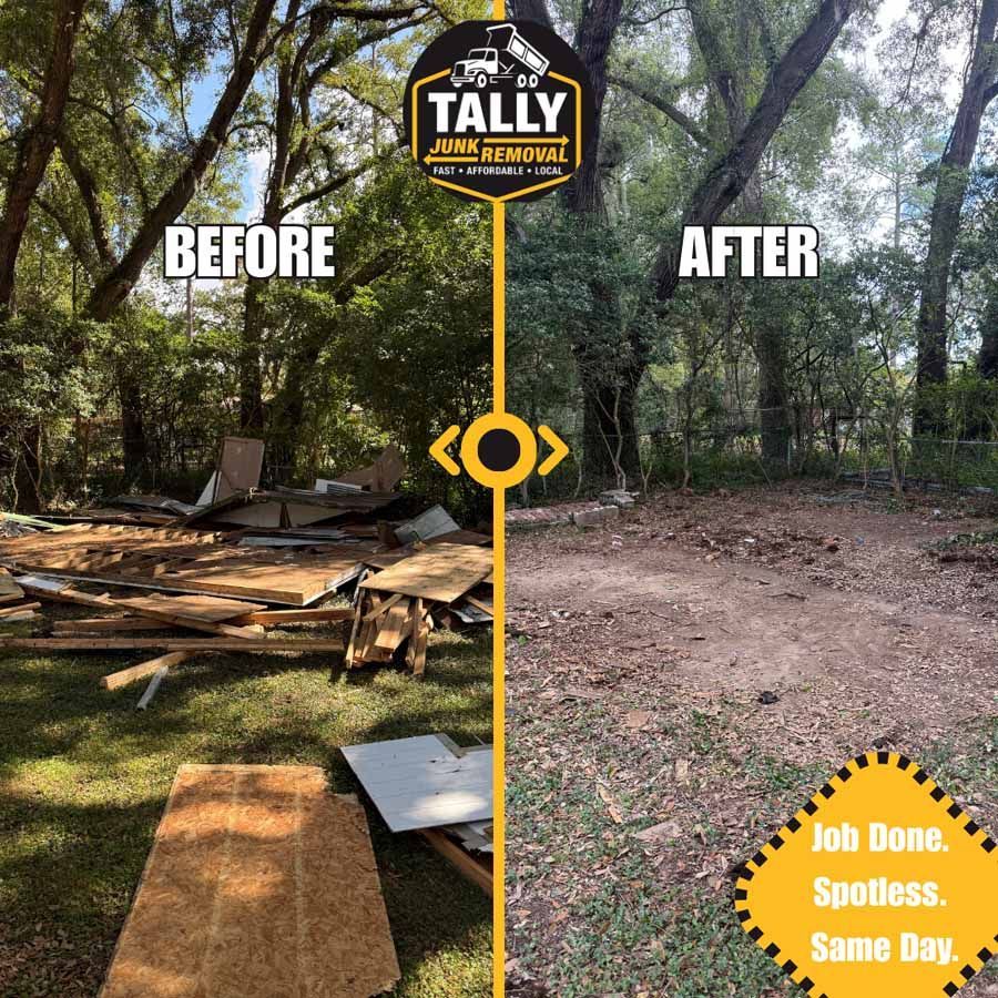 Before-and-after yard cleanup: left cluttered with debris, right cleared and tidy.