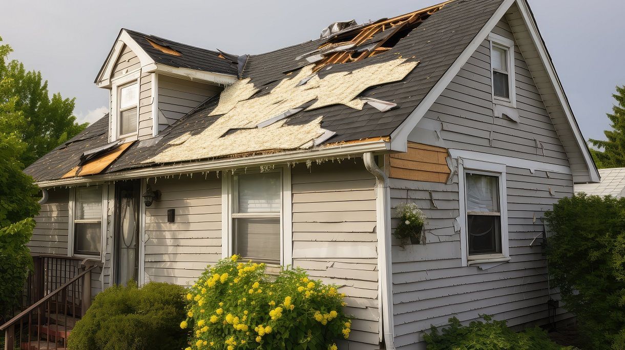 Damaged house with missing shingles; gray siding, front porch, and a small bush.
