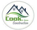 Cook & Sons Construction logo: two blue houses over green wave with white text in a white circle.