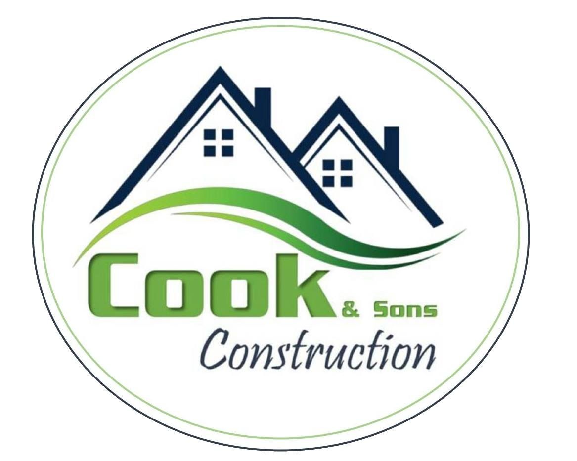 Cook & Sons Construction logo: two blue houses over green wave with white text in a white circle.