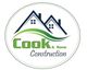 Cook & Sons Construction logo: two blue houses over green wave with white text in a white circle.