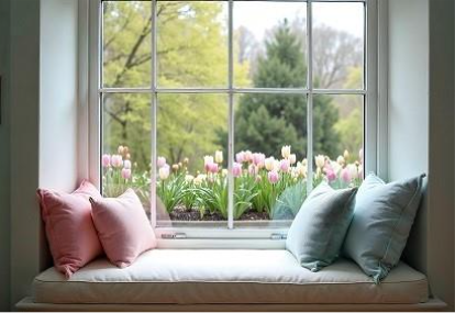 Window seat with pink and blue pillows overlooking a garden of tulips.