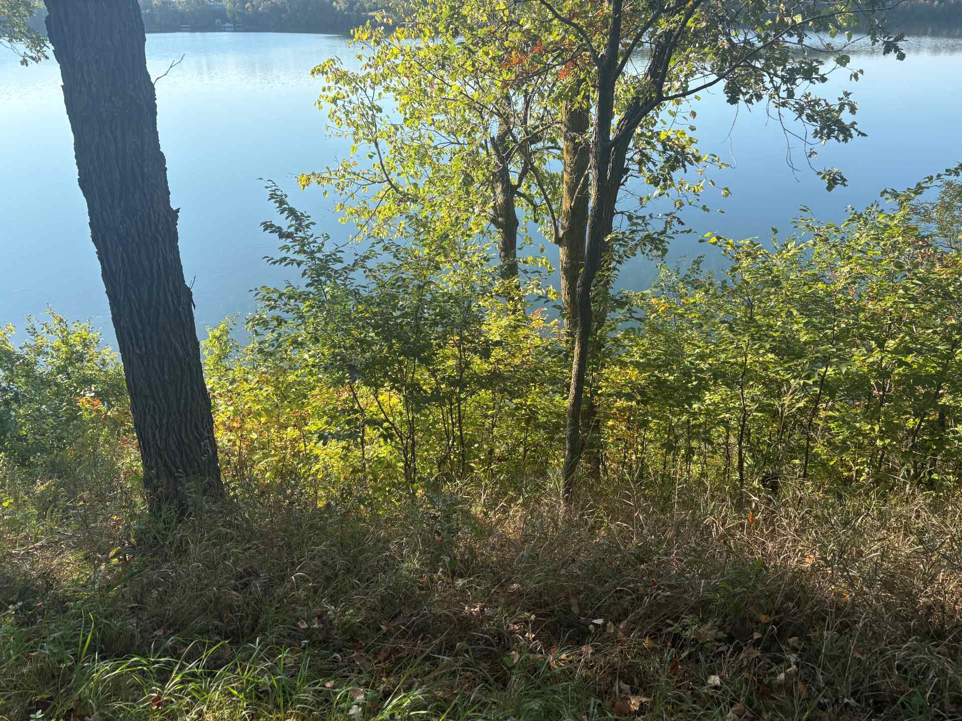 A view from a wooded slope looking out over a calm, sunlit blue lake framed by trees with autumn foliage.