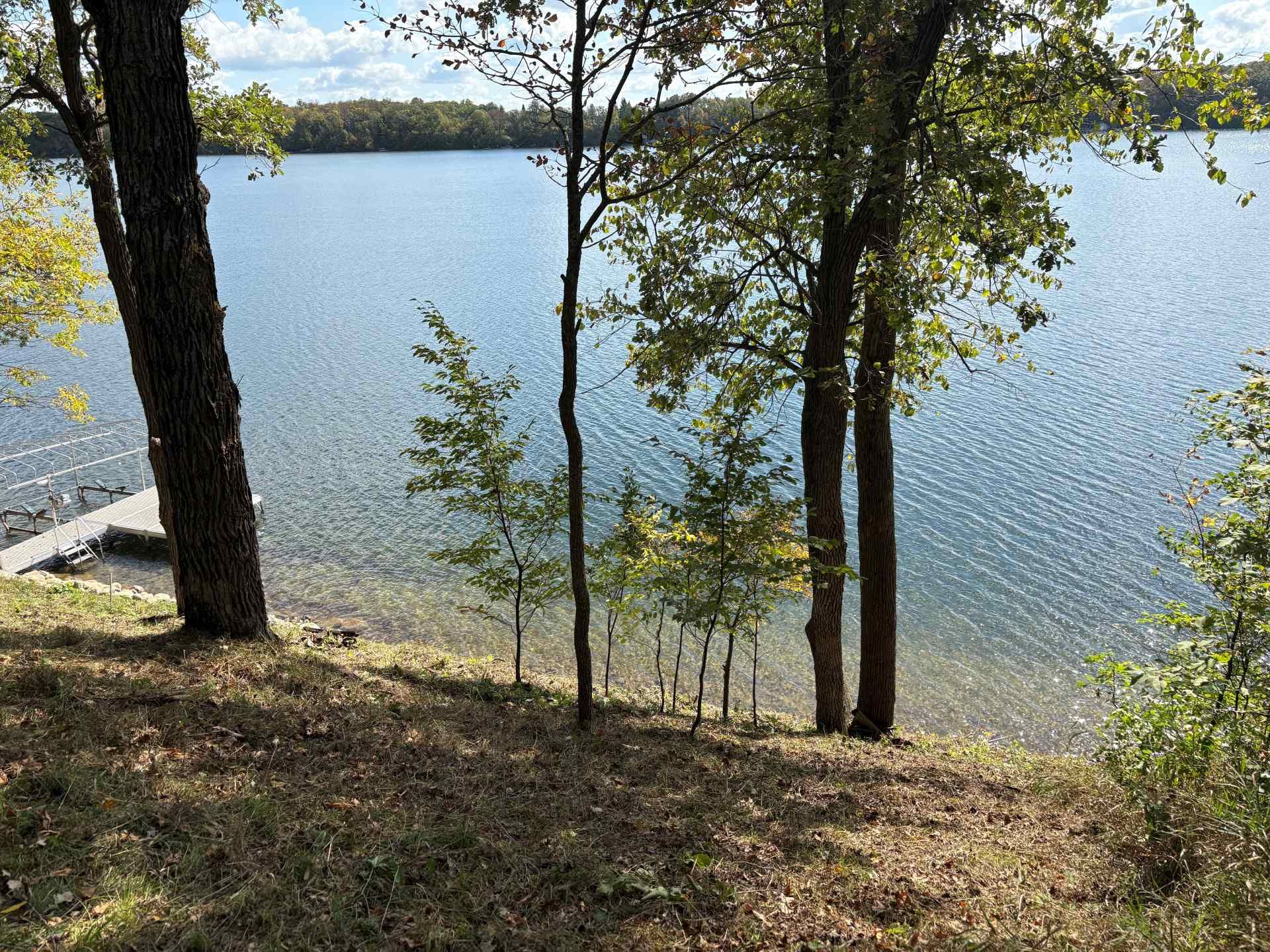A view of a blue lake with a small wooden dock, framed by trees on a sunny day.