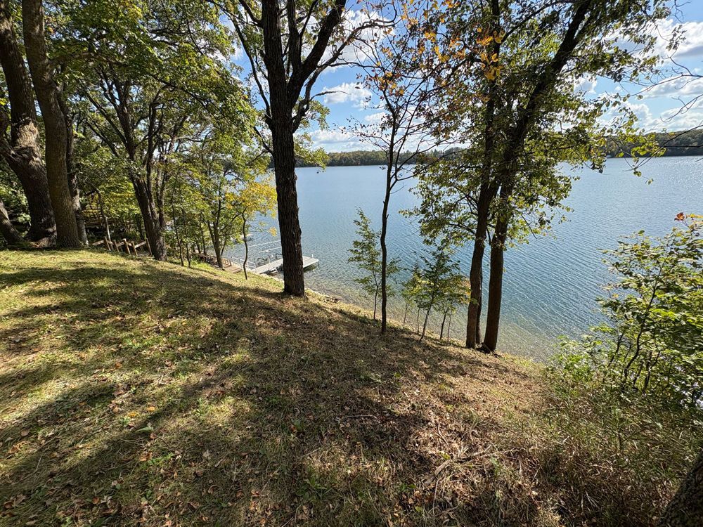 A grassy, tree-lined slope overlooks a calm lake with a small dock visible in the distance under a sunny sky.