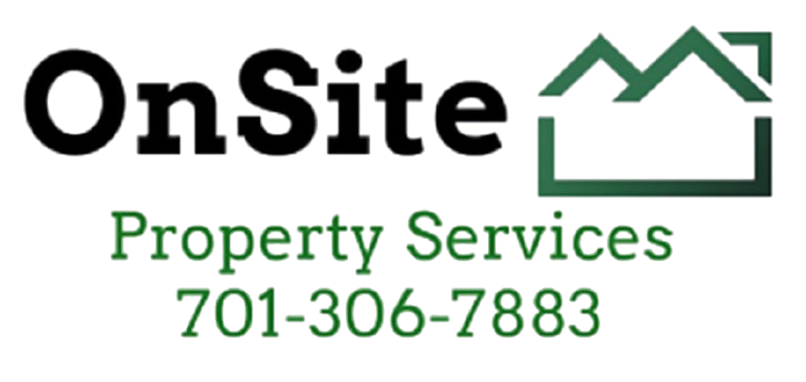 The OnSite Property Services logo, featuring a dark green house icon and the phone number 701-306-7883 in green text.