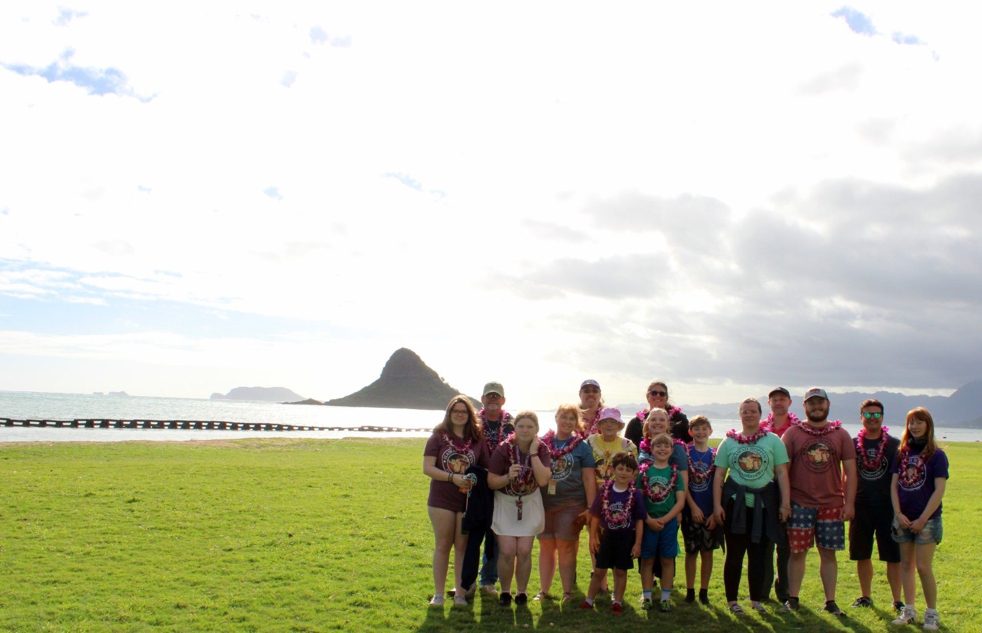 Group of people in matching shirts posing on a green field with ocean and mountain in background.