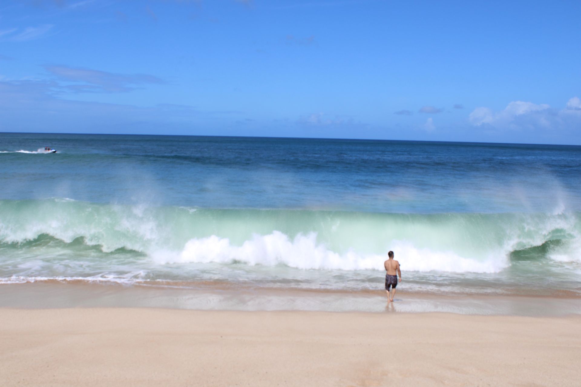 A person stands along the edge of a beach with a huge wave