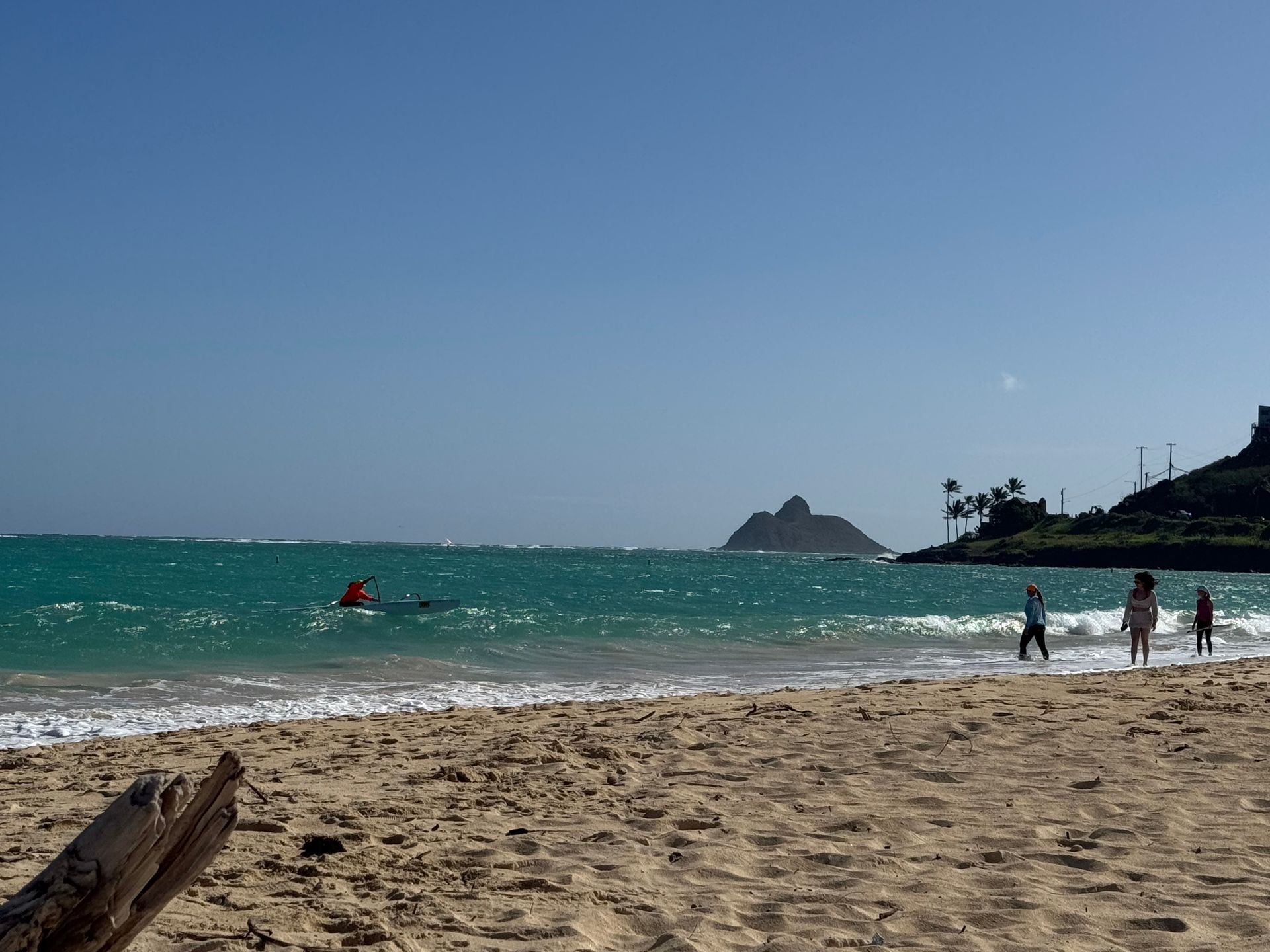 People walk along the shore and a person paddle boards in the ocean