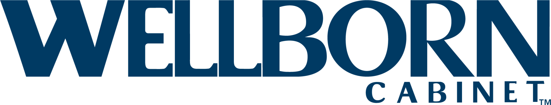A blue and white logo for wellborn cabinets