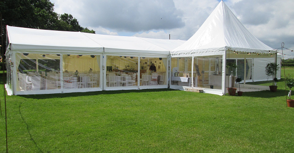 Clearspan Marquee with panoramic windows and Pagoda entrance Marquee hire Cheshire
