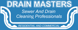 Drain Masters Logo for Drain Masters: blue background, white lettering and drainage pipe graphic,
