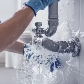Plumber in blue gloves fixing a leaking pipe in a bathroom, water spraying.