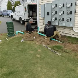 Two workers install electrical conduits near a building and utility truck on a lawn.