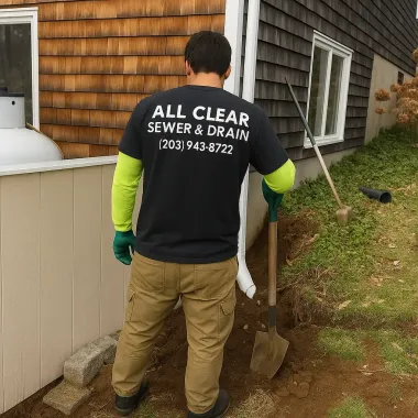 A person with a shovel, wearing a