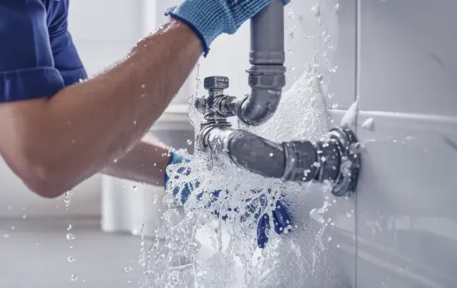 Plumber in blue gloves fixing a leaking pipe in a bathroom, water spraying.