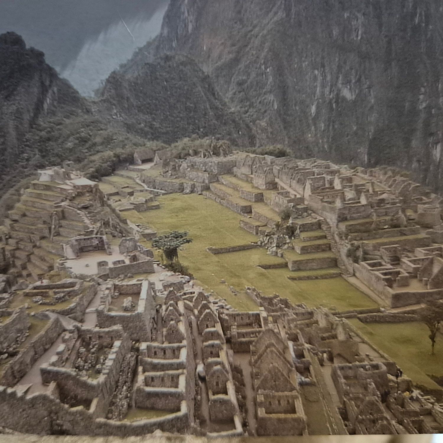 Machu Picchu, Peru: Ancient stone city nestled in the mountains. Terraced structures and buildings with green grass.