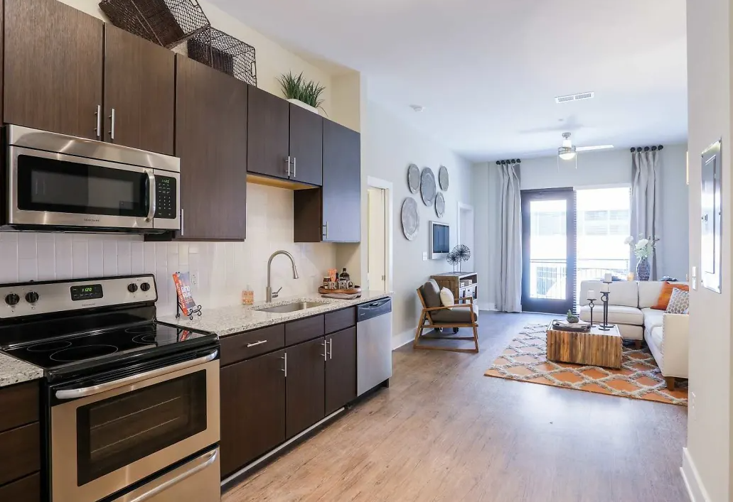 Open-concept kitchen and living area in a modern apartment with dark cabinetry and stainless appliances.