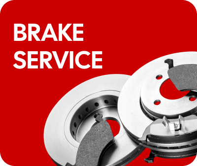Red graphic with brake discs, brake pads and the words "BRAKE SERVICE" in white. | Arn's Auto Service