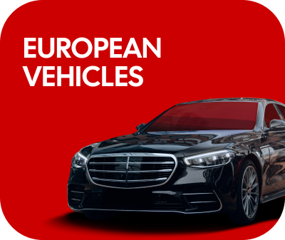 Red background with white text "EUROPEAN VEHICLES," black Mercedes | Arn's Auto Servicecar.