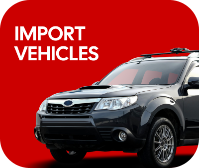 Red background with white text "IMPORT VEHICLES" and a dark SUV. | Arn's Auto Service