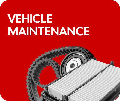 Vehicle maintenance: Text over red background; includes a timing belt and air filter.