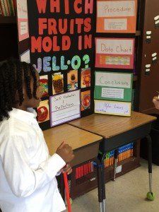 A girl is standing in front of a sign that says which fruits mold in jell-o