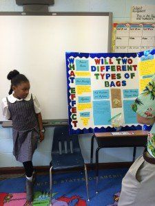 A girl stands in front of a bulletin board that says will two different types of bags