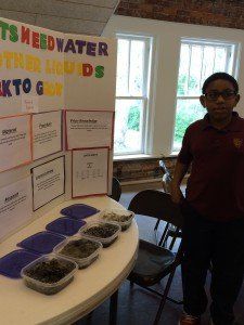 A young boy is standing in front of a table with containers of soil on it.