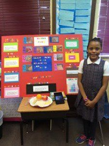 A young girl is standing in front of a display board