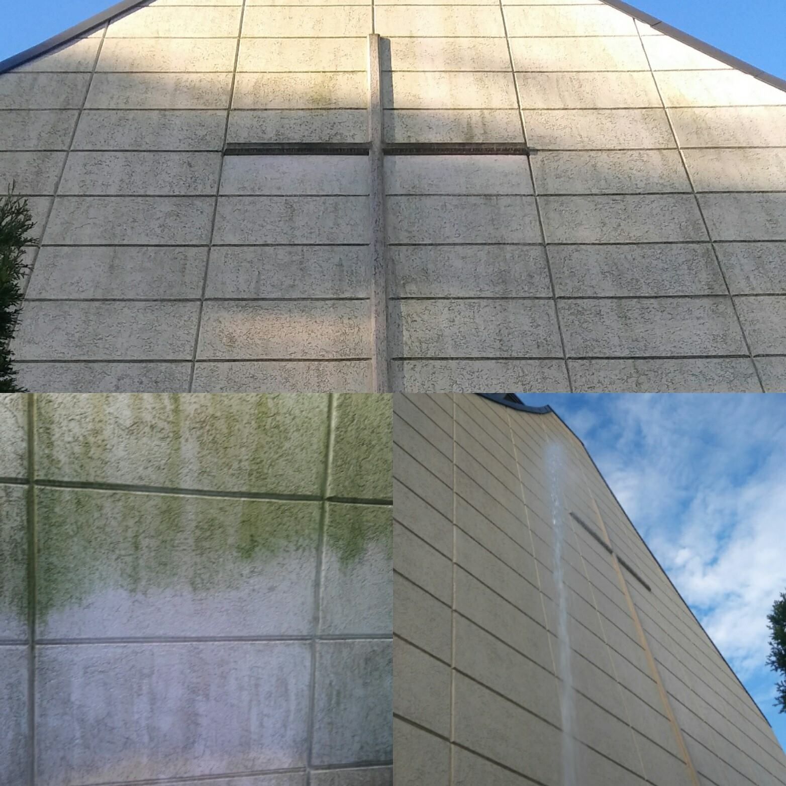 A collage of images showing a building before and after cleaning
