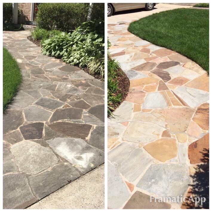 A before and after photo of a stone walkway