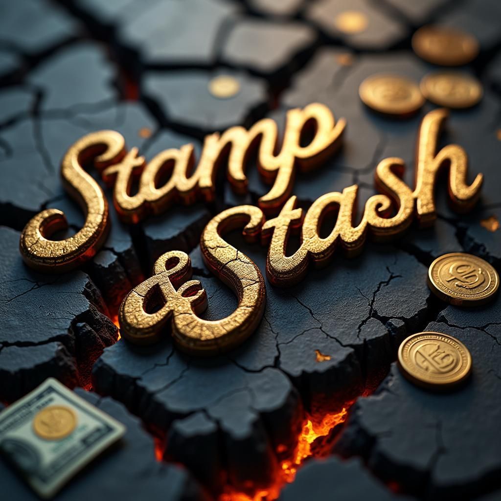 Stamp and stash is written in gold on a cracked surface
