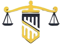 A yellow and black scale of justice with a shield on a white background.