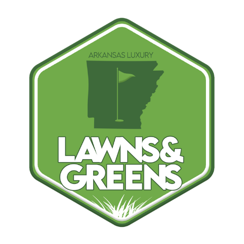 The logo for lawns and greens is a green hexagon with a map of arkansas on it.