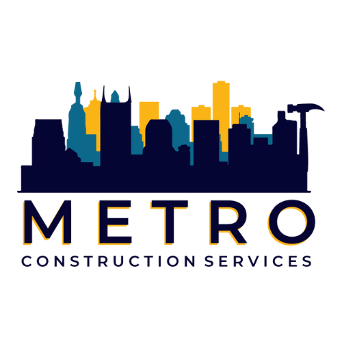 The logo for metro construction services shows a city skyline and a hammer.