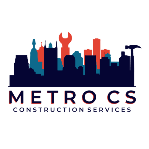 A logo for metro cs construction services with a city skyline