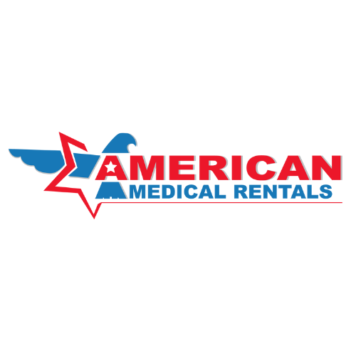 The logo for american medical rentals is red , white and blue.