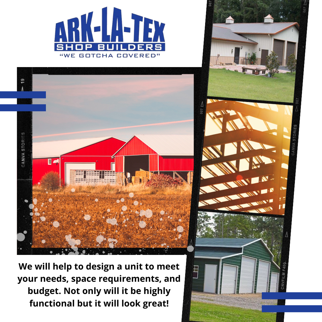 An advertisement for ark-la-tex shop builders