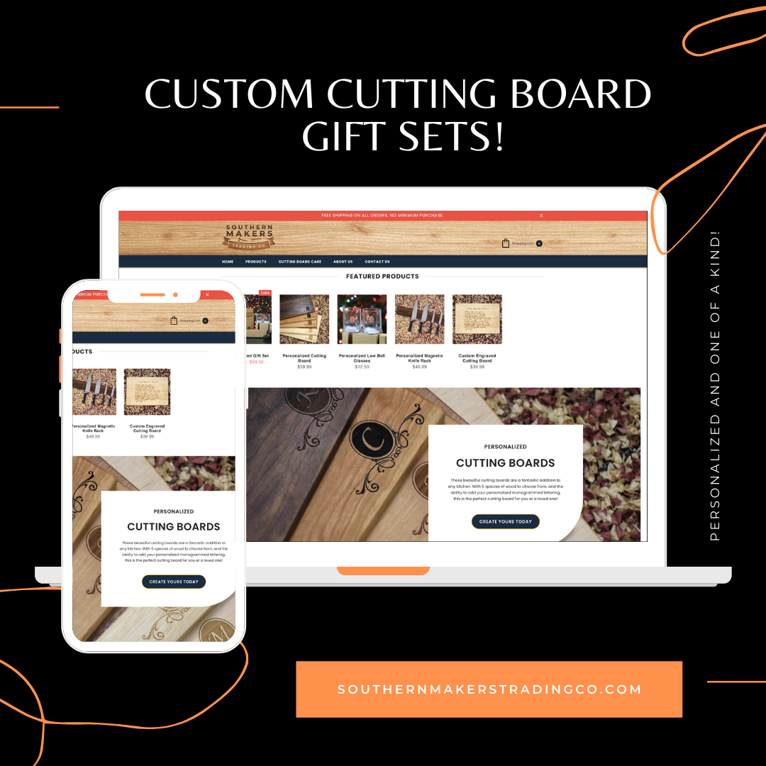 A laptop and a cell phone are displaying a website for custom cutting board gift sets.