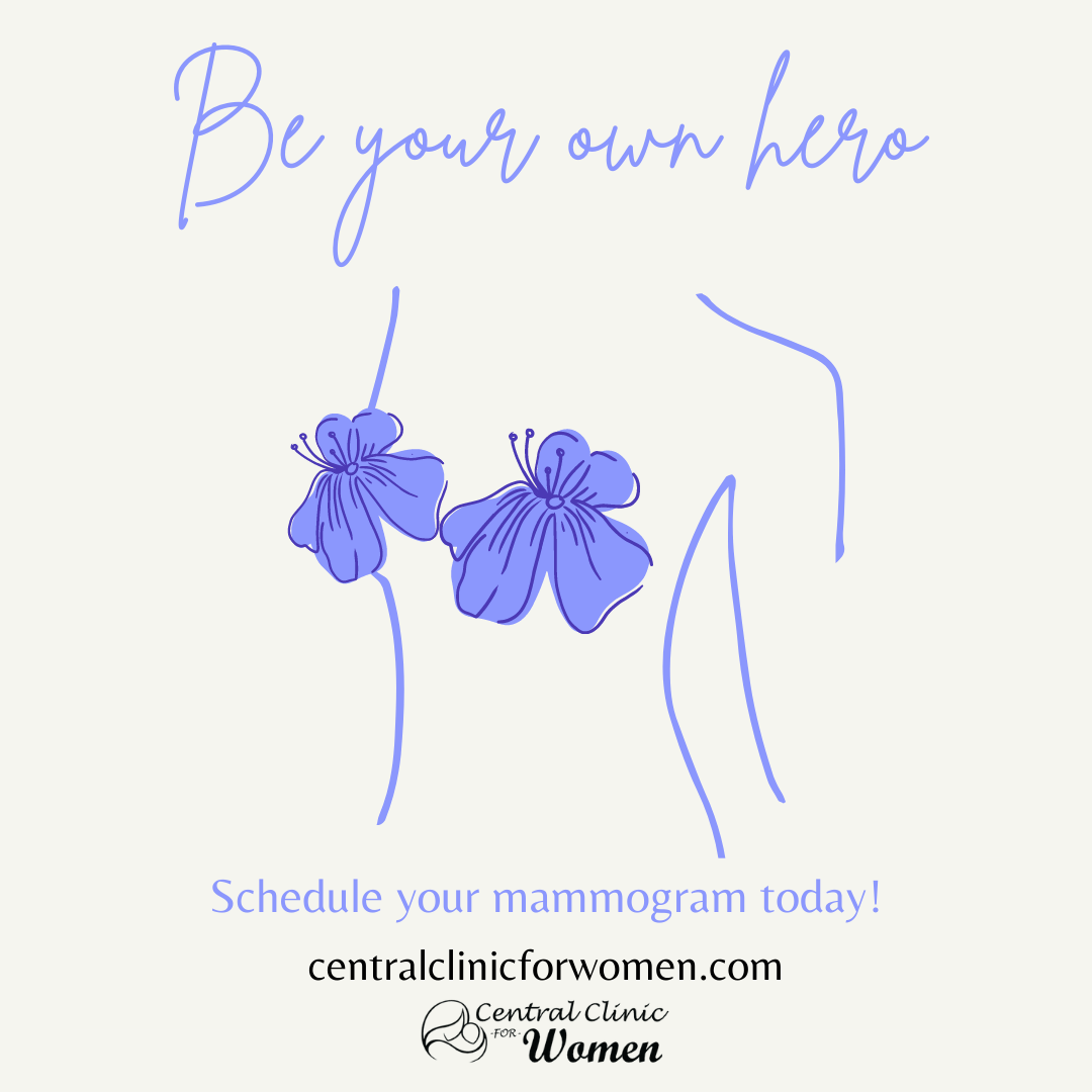 A poster that says `` be your own hero '' with a drawing of a woman 's breast and two purple flowers.