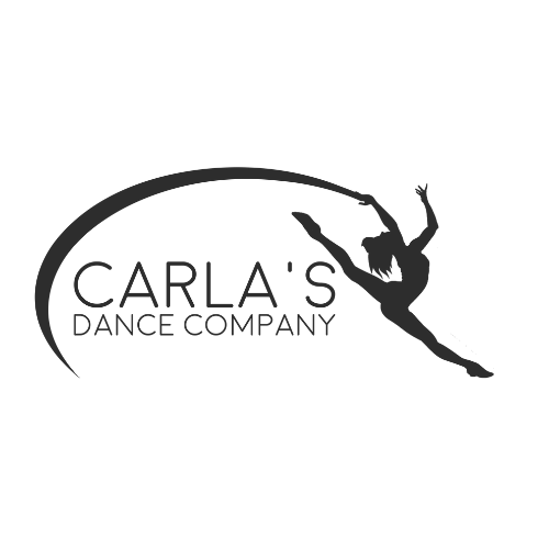A logo for carla 's dance company with a silhouette of a gymnast holding a ribbon.