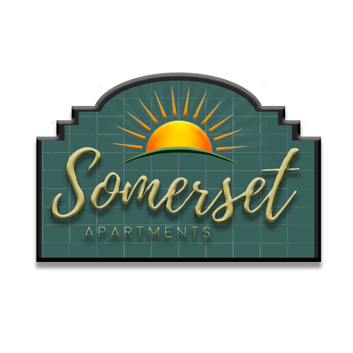 A sign for somerset apartments with a sun on it.