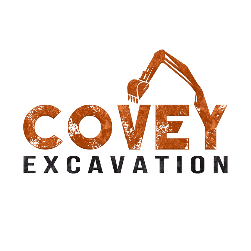 A logo for covey excavation with an excavator on it
