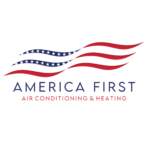 A logo for america first air conditioning and heating with an american flag.