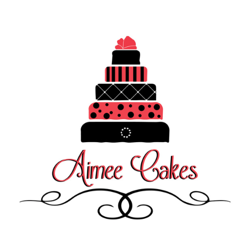 A logo for aimee cakes with a stack of cakes on top of each other.
