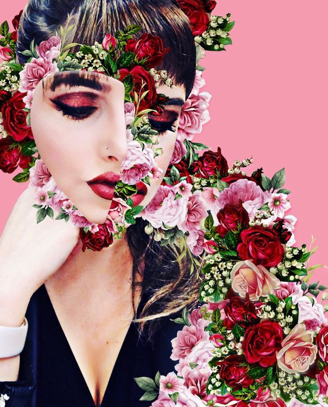 A woman 's face is covered in flowers on a pink background