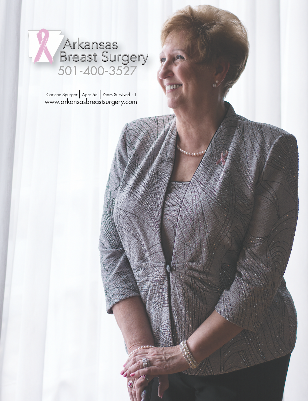 An ad for arkansas breast surgery shows a woman standing in front of a window